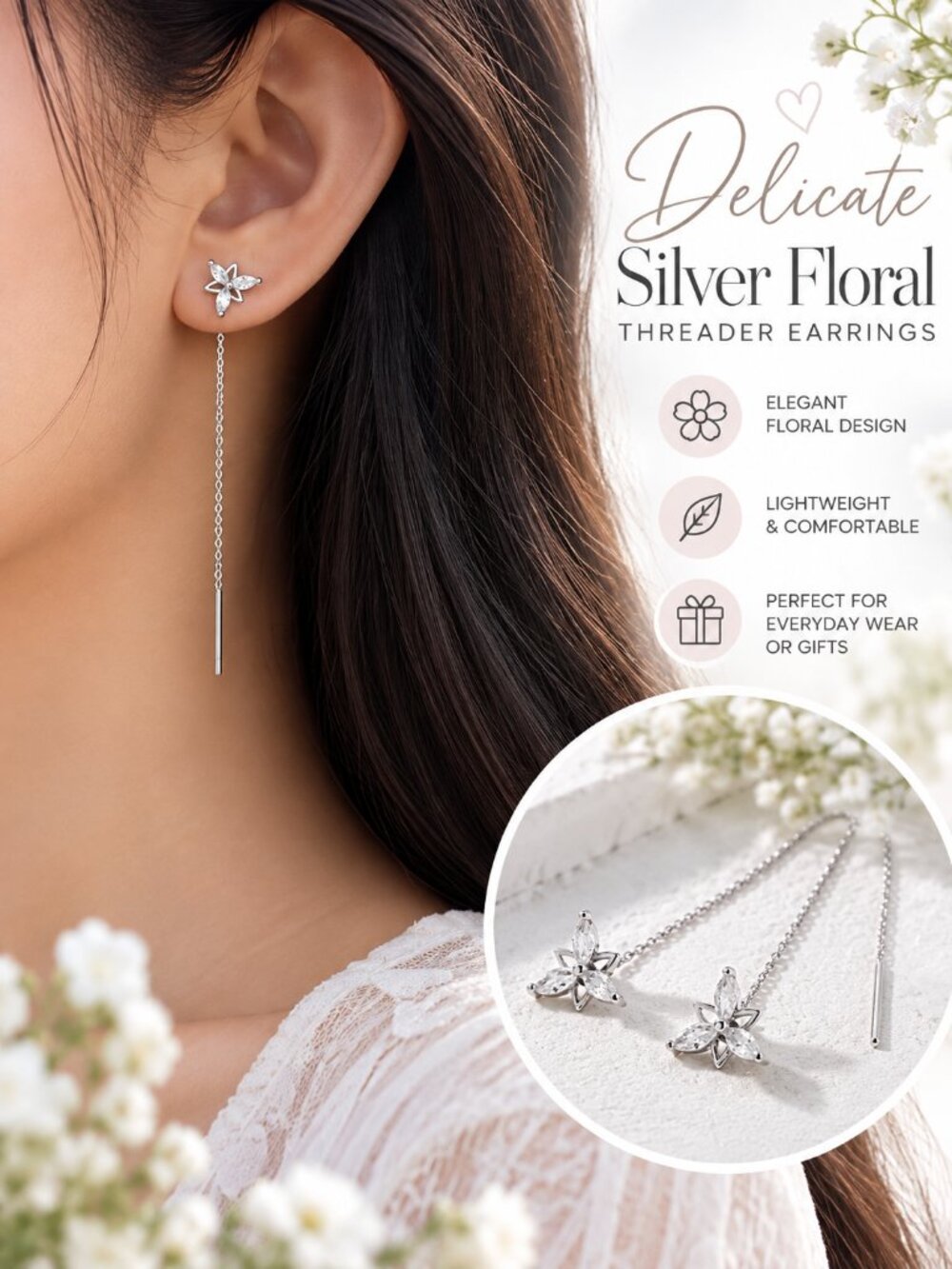 Delicate Silver Floral Threader Earrings - Elegant Drop Design
